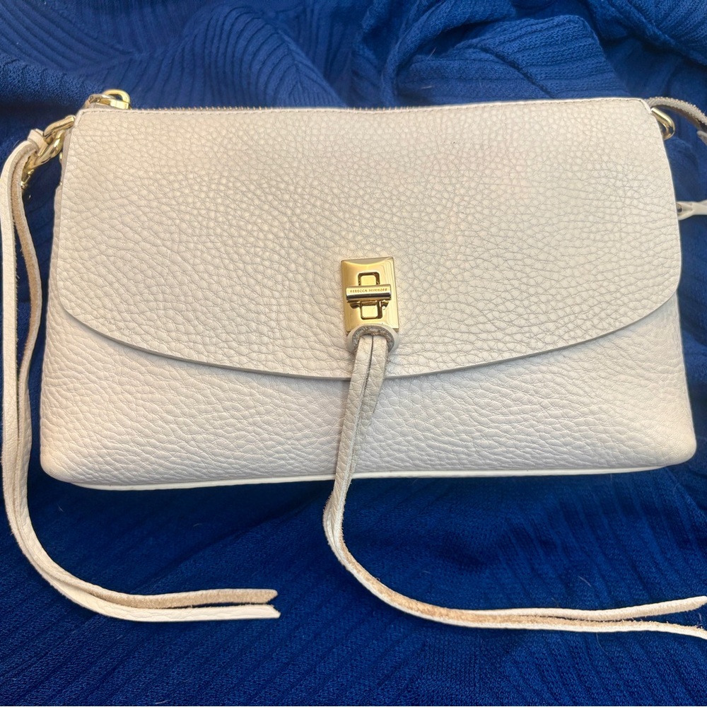 Rebecca Minkoff White Pebbled Leather Crossbody Clutch Gold Hardware